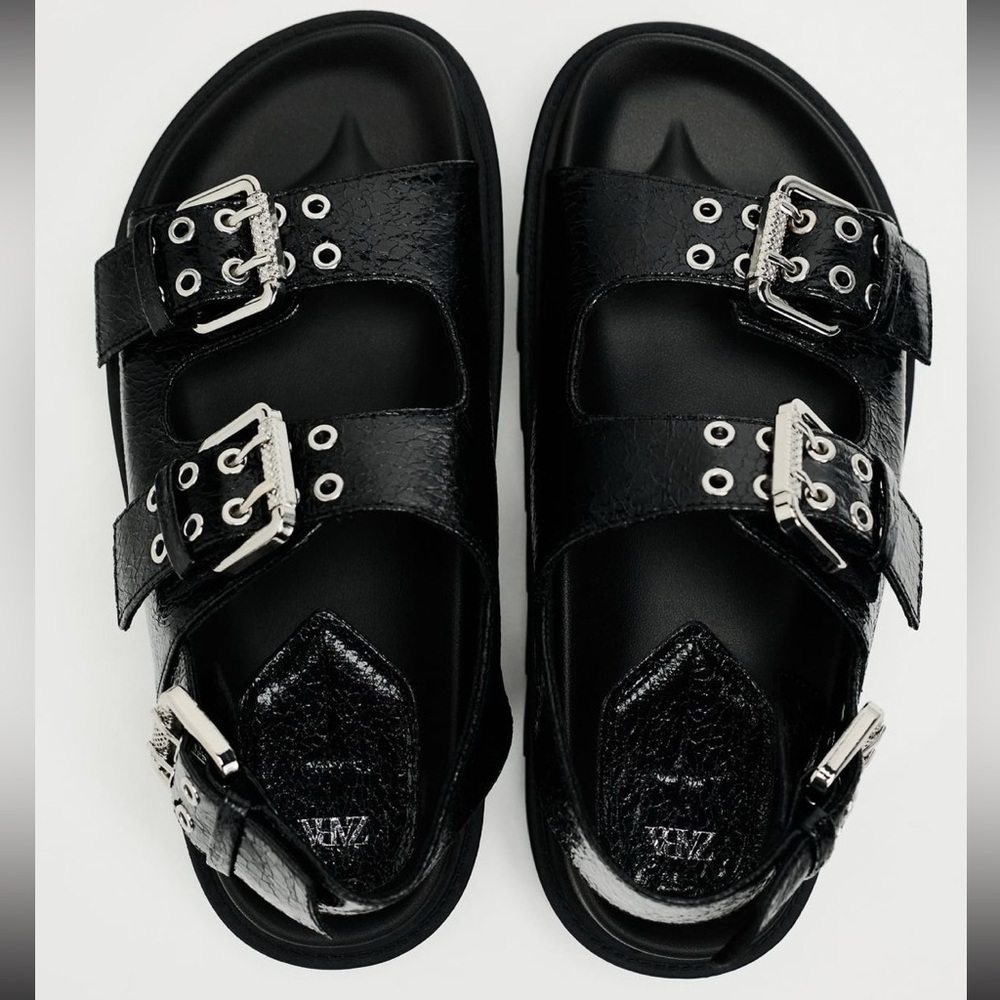 Zara Black Lug Sandals with Silver Buckles